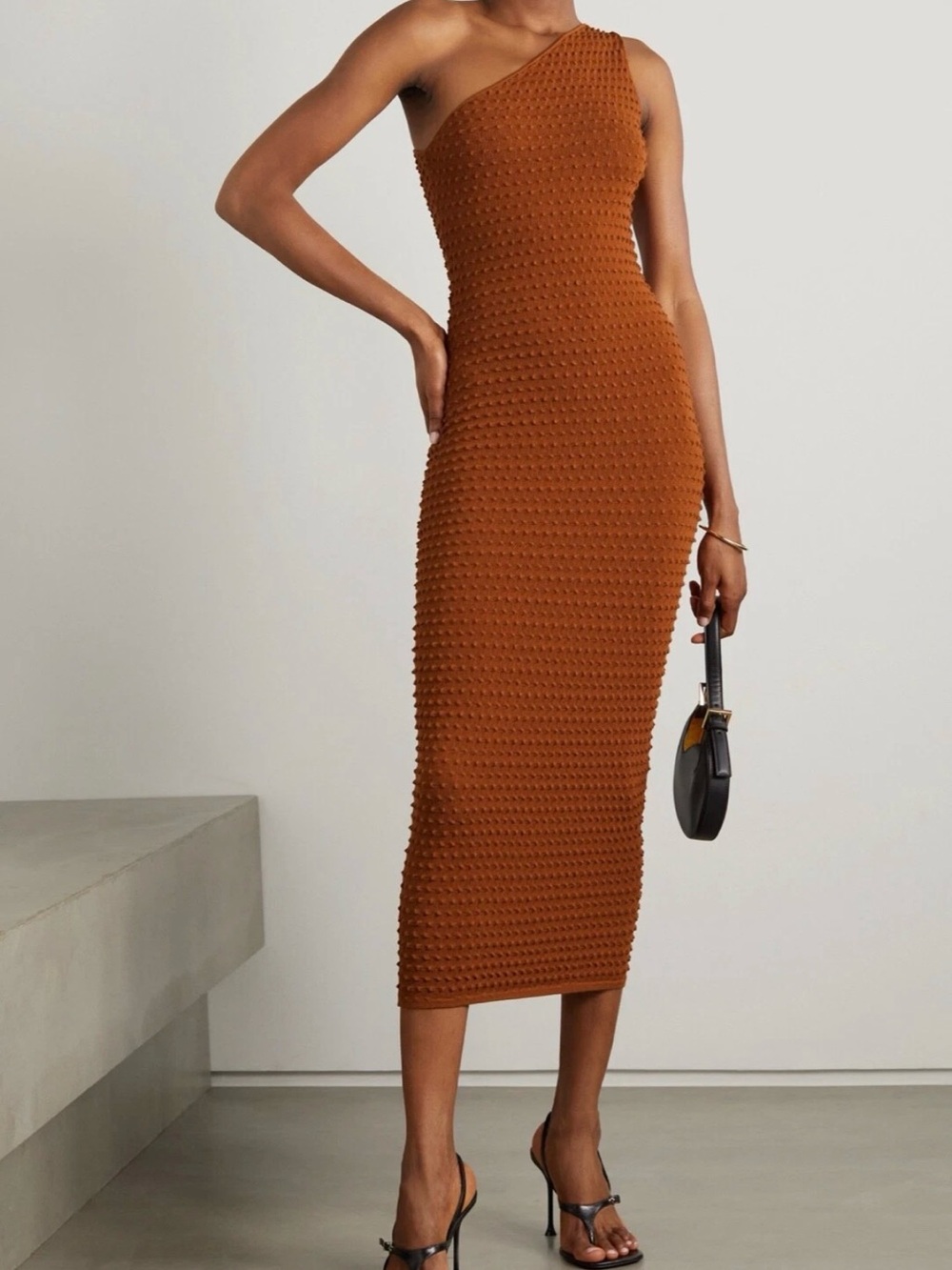 Helmut Lang One-Shoulder Midi Dress in Rust Brown